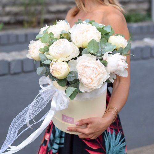 9 крупных пионов в шляпной коробке