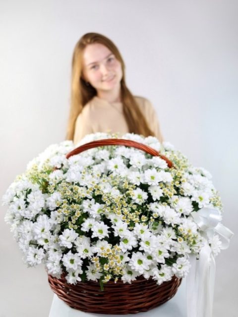 Большая корзина хризантем и танацетума