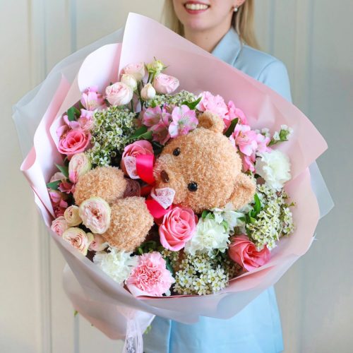Большой авторский букет с плюшевым мишкой